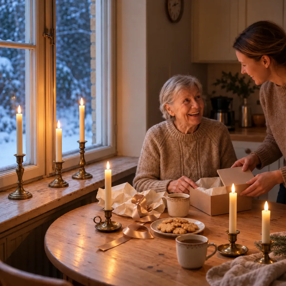 Femme âgée recevant des bougies flambeaux LED Wove Luma en cadeau à la table de cuisine, bougies allumées à la fenêtre