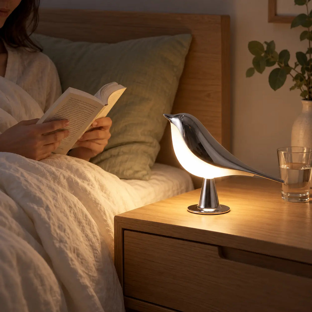 Svala argent sur la table de chevet pendant la lecture au lit
