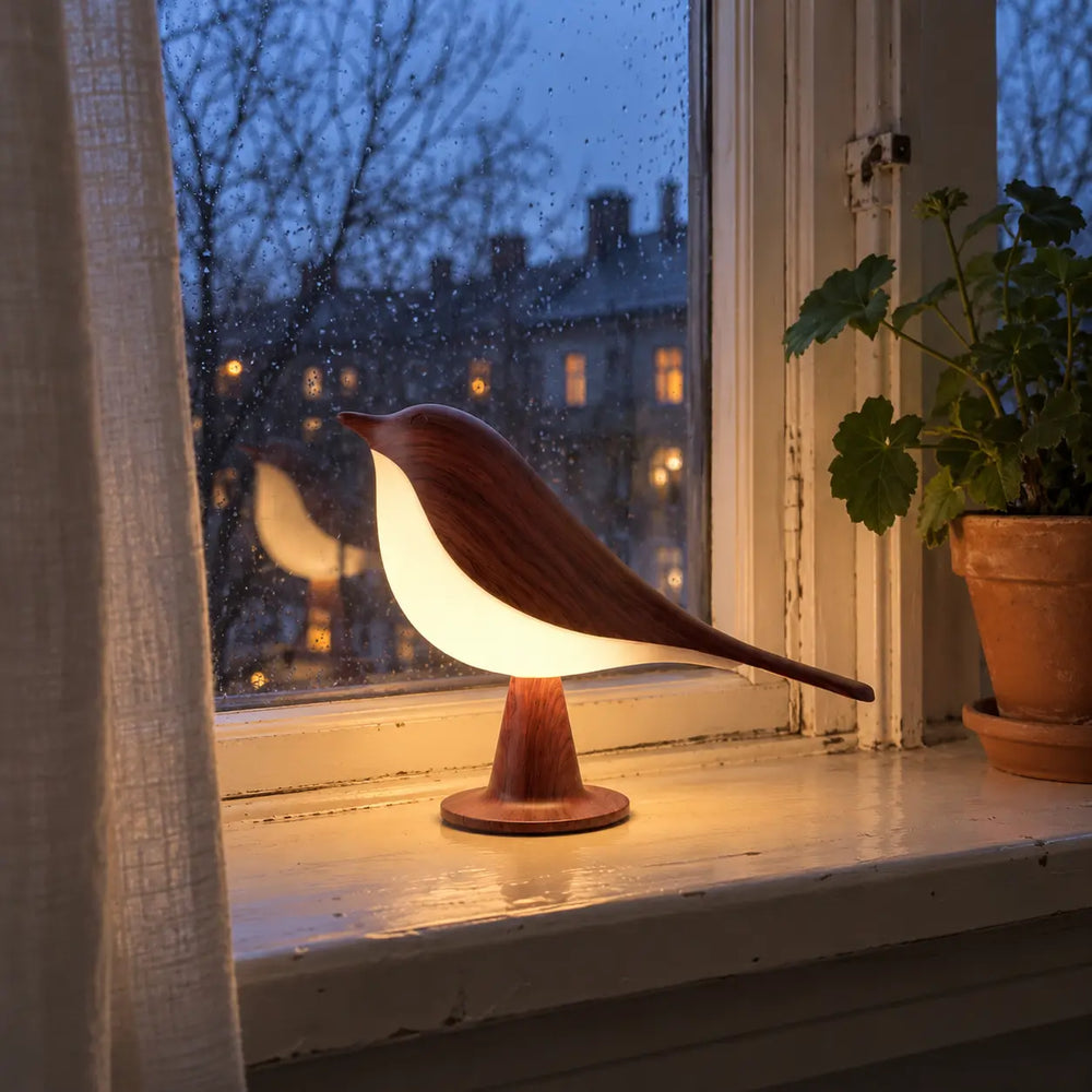 Svala bois foncé sur le rebord de la fenêtre un soir de pluie
