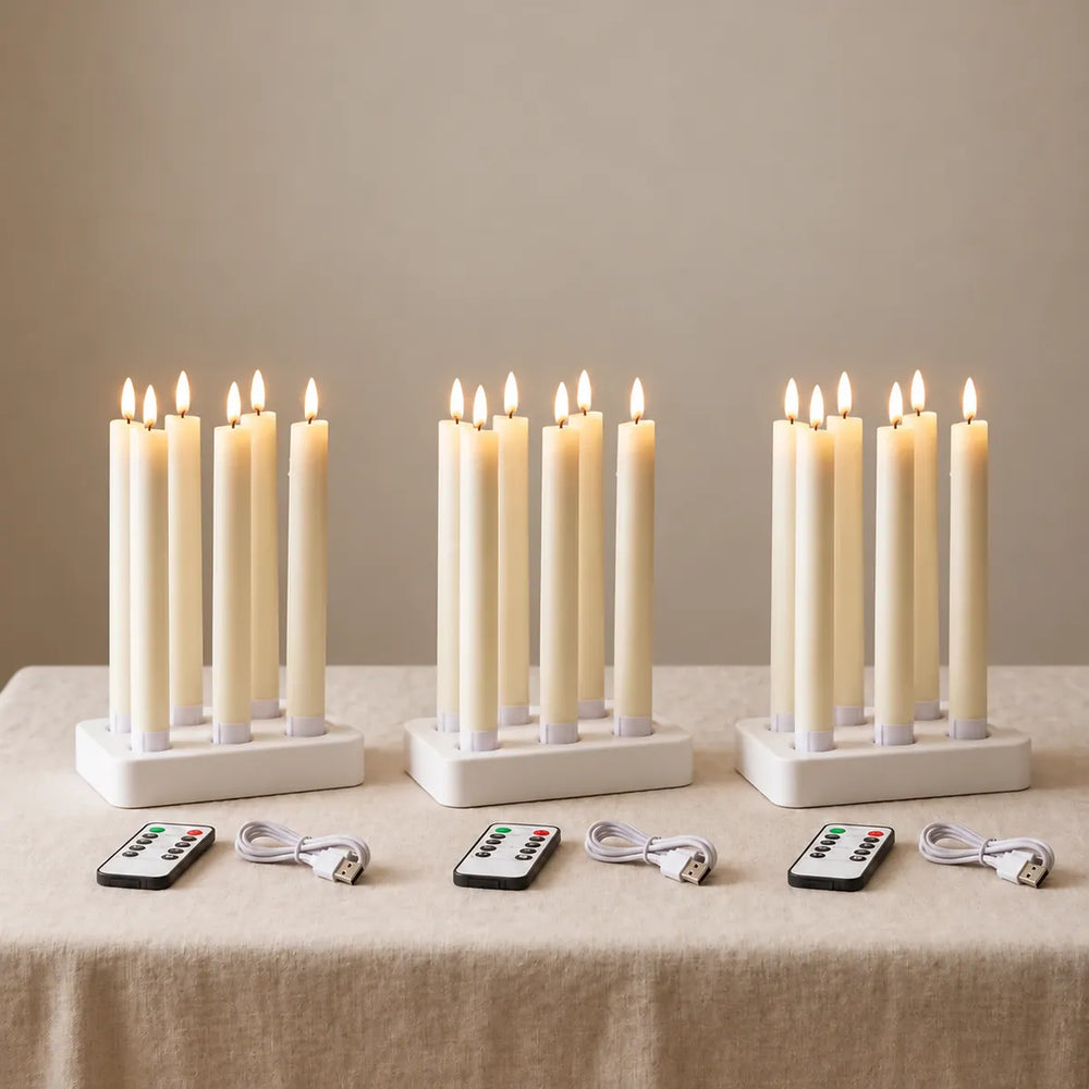 Wove Luma 3 lots : 18 bougies flambeaux LED sur trois socles avec trois télécommandes et trois câbles USB-C