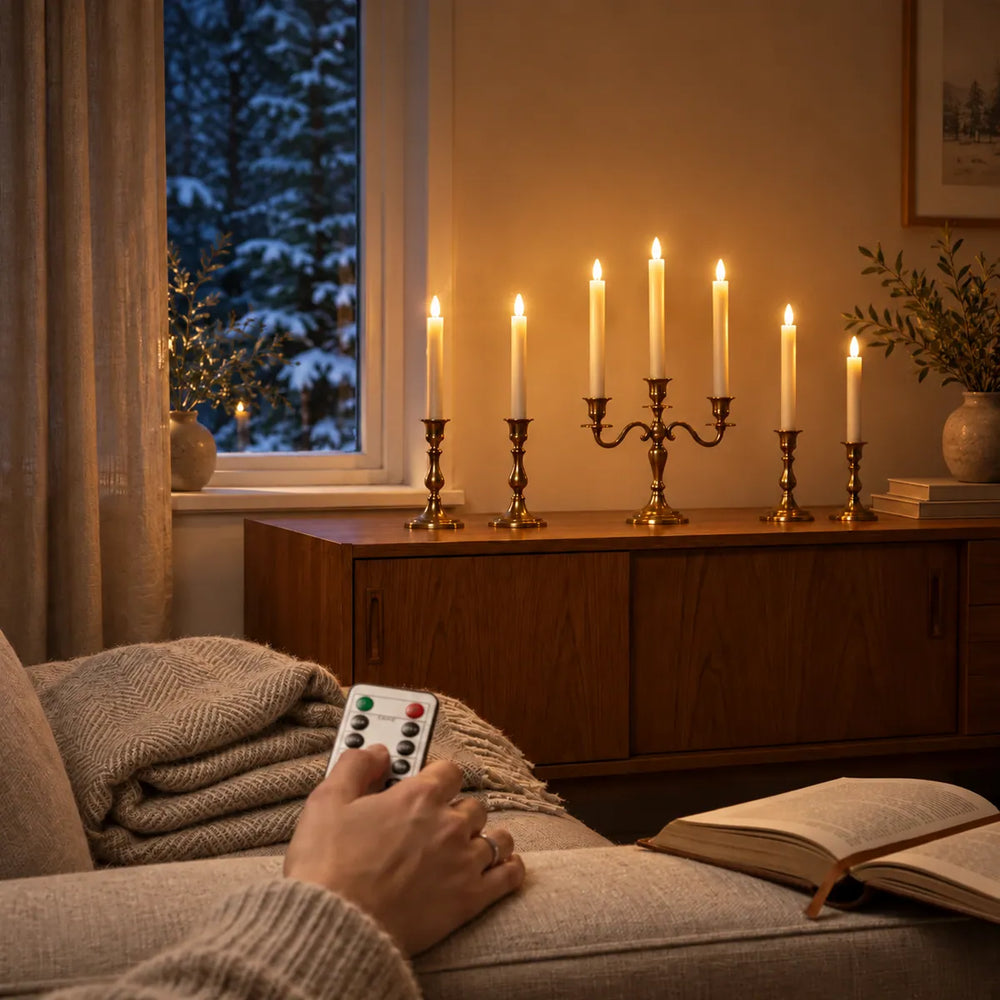 Main allumant les bougies flambeaux LED Wove Luma sur un buffet en teck avec la télécommande depuis le canapé un soir d'hiver