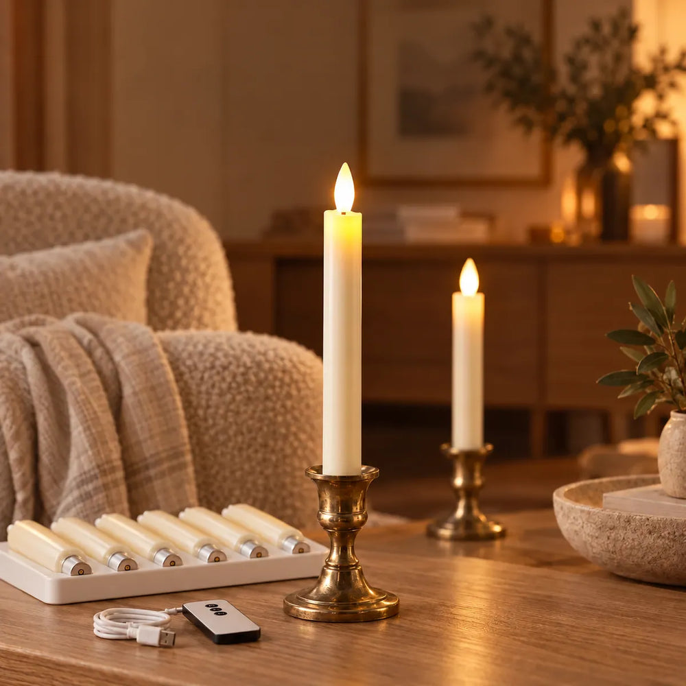 Bougies flambeaux LED Wove Luma allumées dans des bougeoirs en laiton près d'un fauteuil, six bougies sur le socle, télécommande et câble USB-C