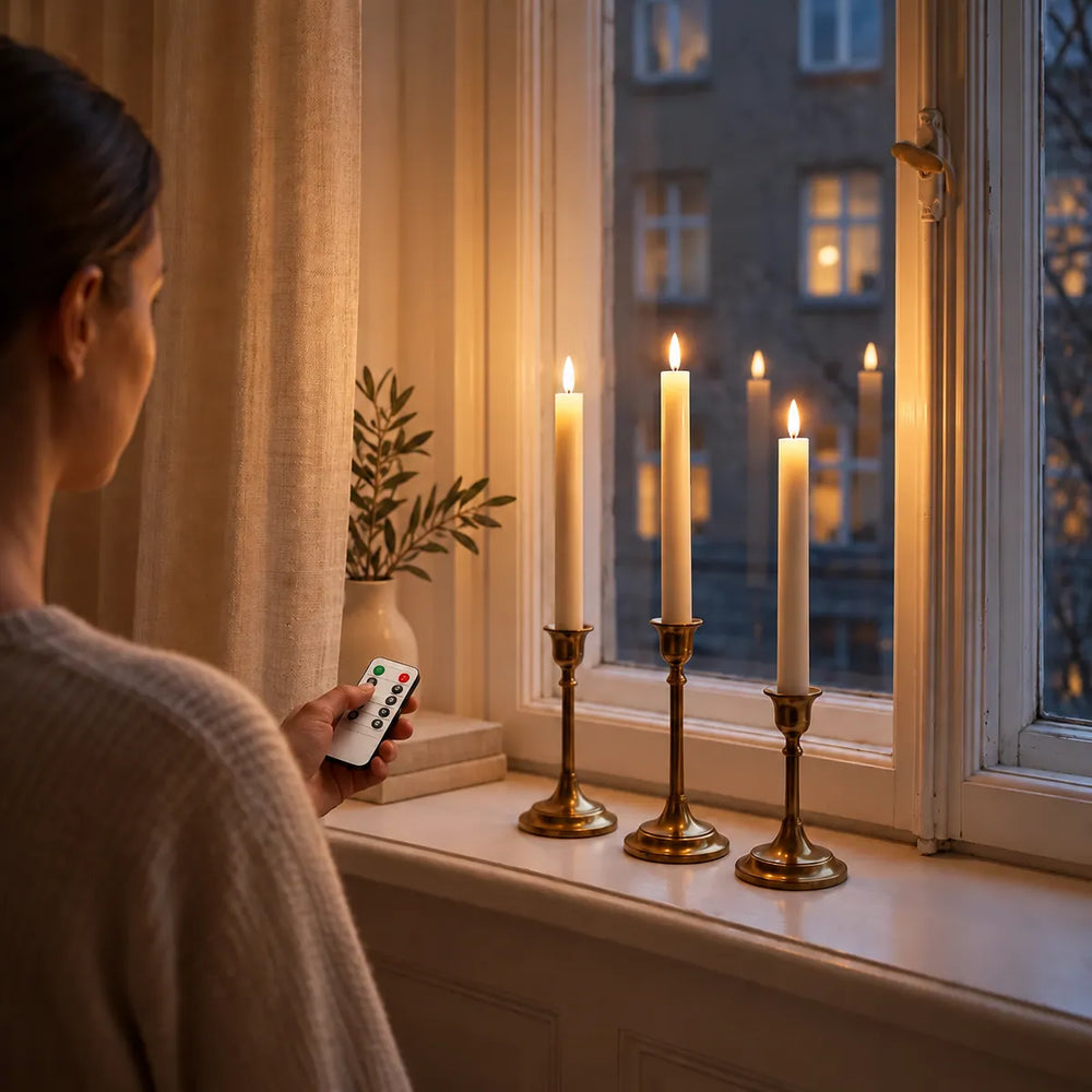 Femme allumant trois bougies flambeaux LED Wove Luma sur un rebord de fenêtre avec la télécommande un soir d'hiver