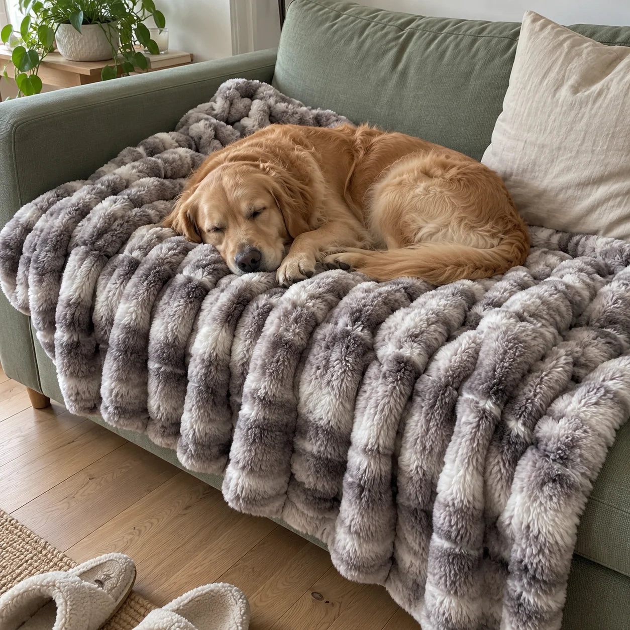Golden retriever endormi sur un plaid Cloud gris sur un canapé vert