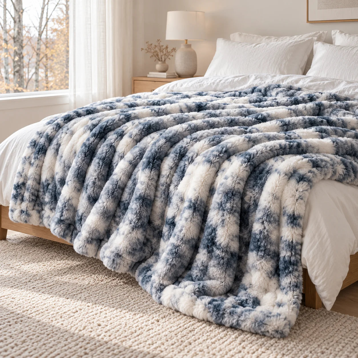 Plaid Cloud bleu glacier sur un lit dans une chambre lumineuse avec vue d’automne
