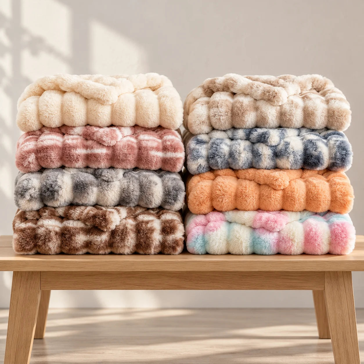 Huit plaids Cloud de toutes les couleurs, pliés et empilés sur un banc en bois