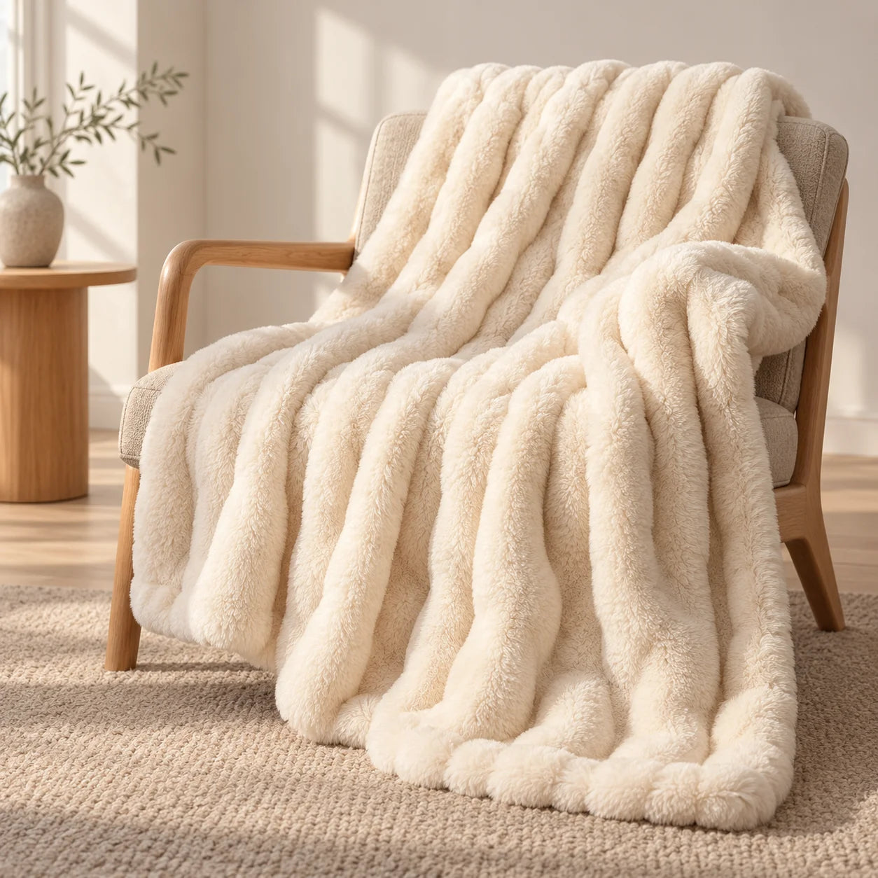 Plaid Cloud crème drapé sur un fauteuil en bois clair