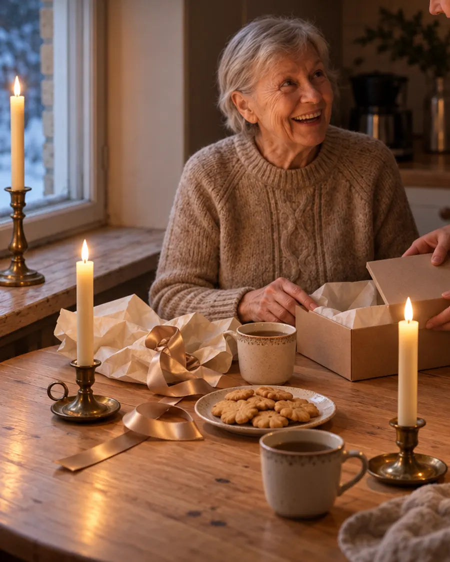 Femme âgée ouvrant un cadeau à la table de cuisine, bougies allumées
