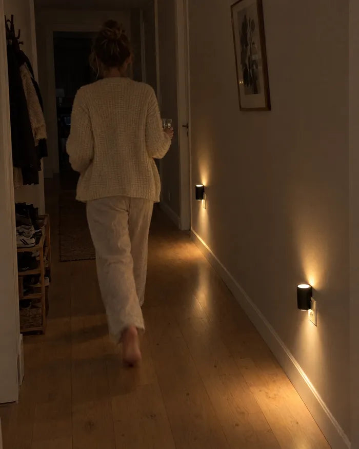 Femme traversant un couloir sombre éclairé par des appliques près du sol