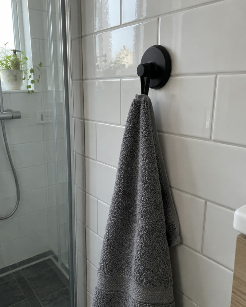 Crochet Wove noir mat sur du carrelage blanc avec une serviette grise