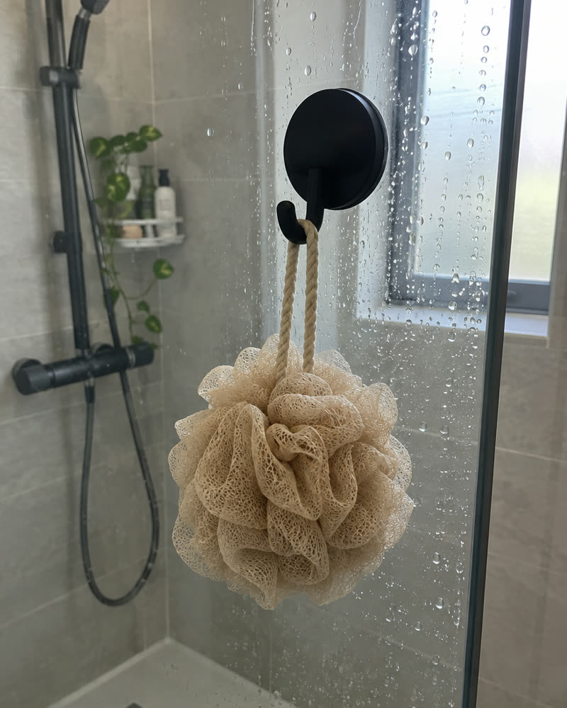 Crochet Wove noir sur une paroi de douche en verre avec une éponge beige