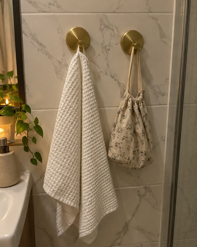 Deux crochets Wove or brossé sur du carrelage marbré avec une serviette blanche