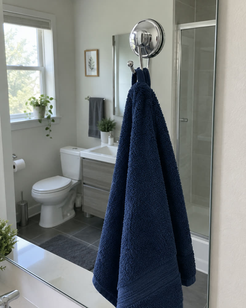 Crochet Wove chromé sur un miroir de salle de bain avec une serviette bleu marine
