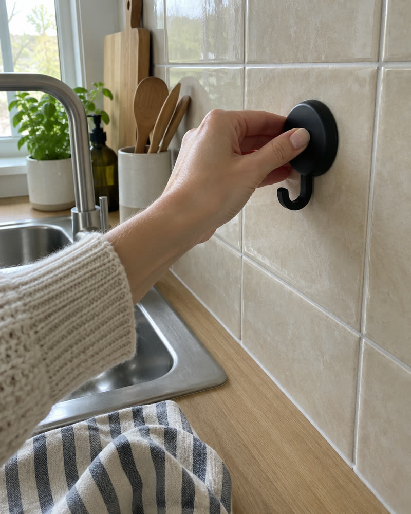 Main qui presse un crochet Wove noir sur du carrelage de cuisine beige