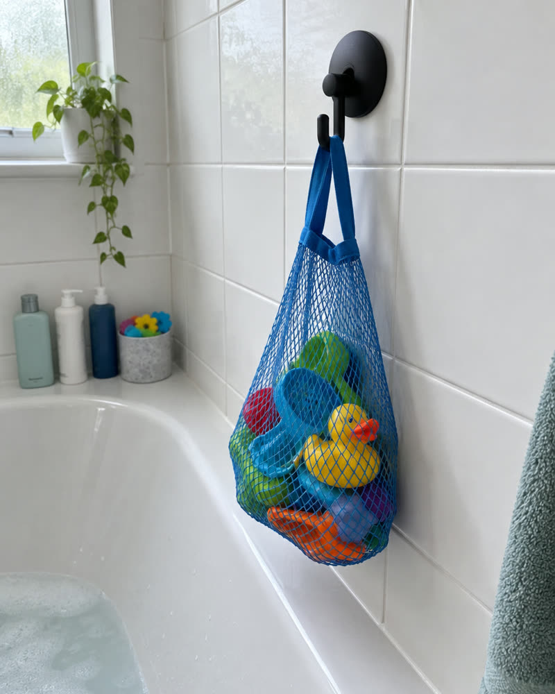 Crochet Wove noir au-dessus d'une baignoire avec un filet plein de jouets de bain