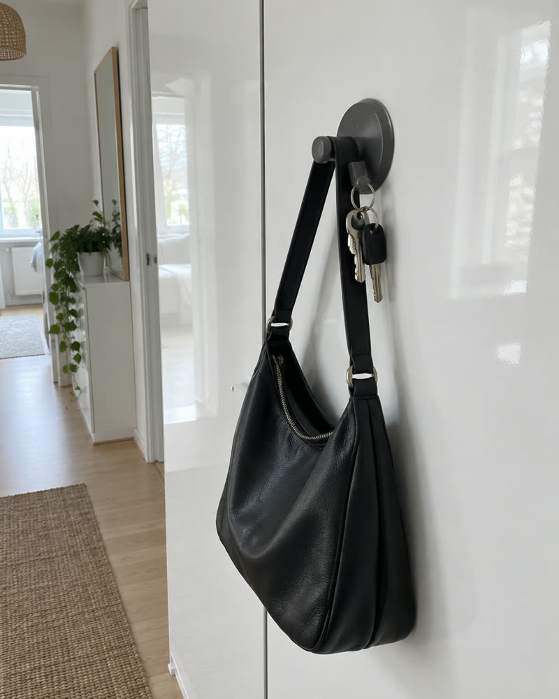 Crochet Wove gunmetal sur une porte de placard blanche avec un sac noir et des clés
