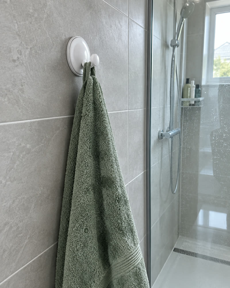 Crochet Wove blanc arctique sur du carrelage gris clair avec une serviette vert sauge