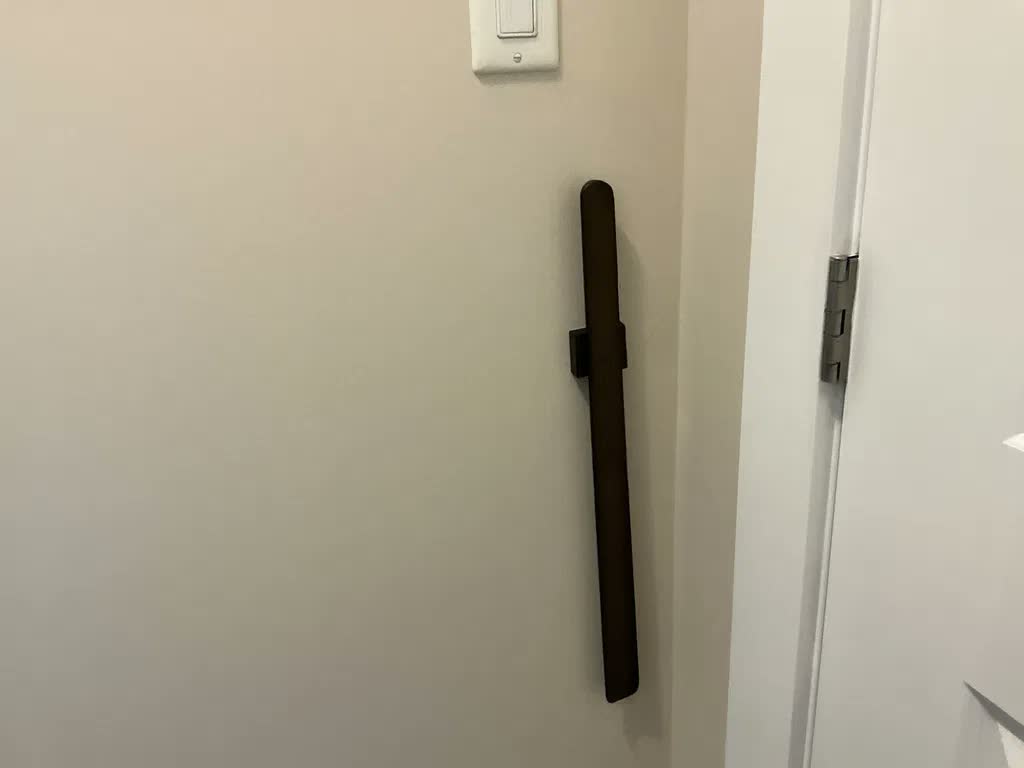 Chausse-pied presque noir sur un mur beige à côté d'une porte blanche, avec un interrupteur au-dessus